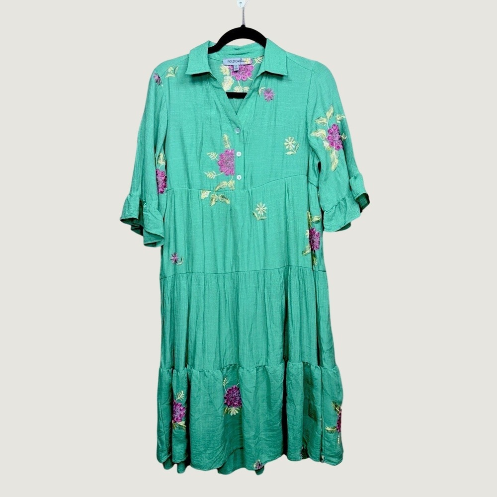 Figueroa & Flower Embroidered Boho Dress Womens Small‎ Green Excellent Tiered